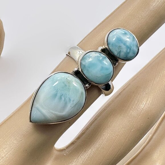 Handcrafted Larimar Sterling Silver Ring: Triple Stone Size 5.5 - Picture 1 of 5